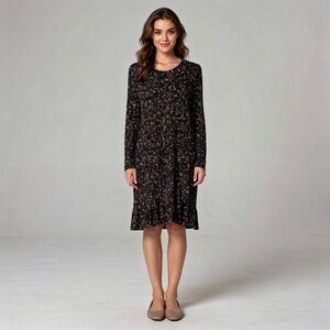 Banana Republic Black Floral Long-Sleeve Casual Dress ruffle hem size 12